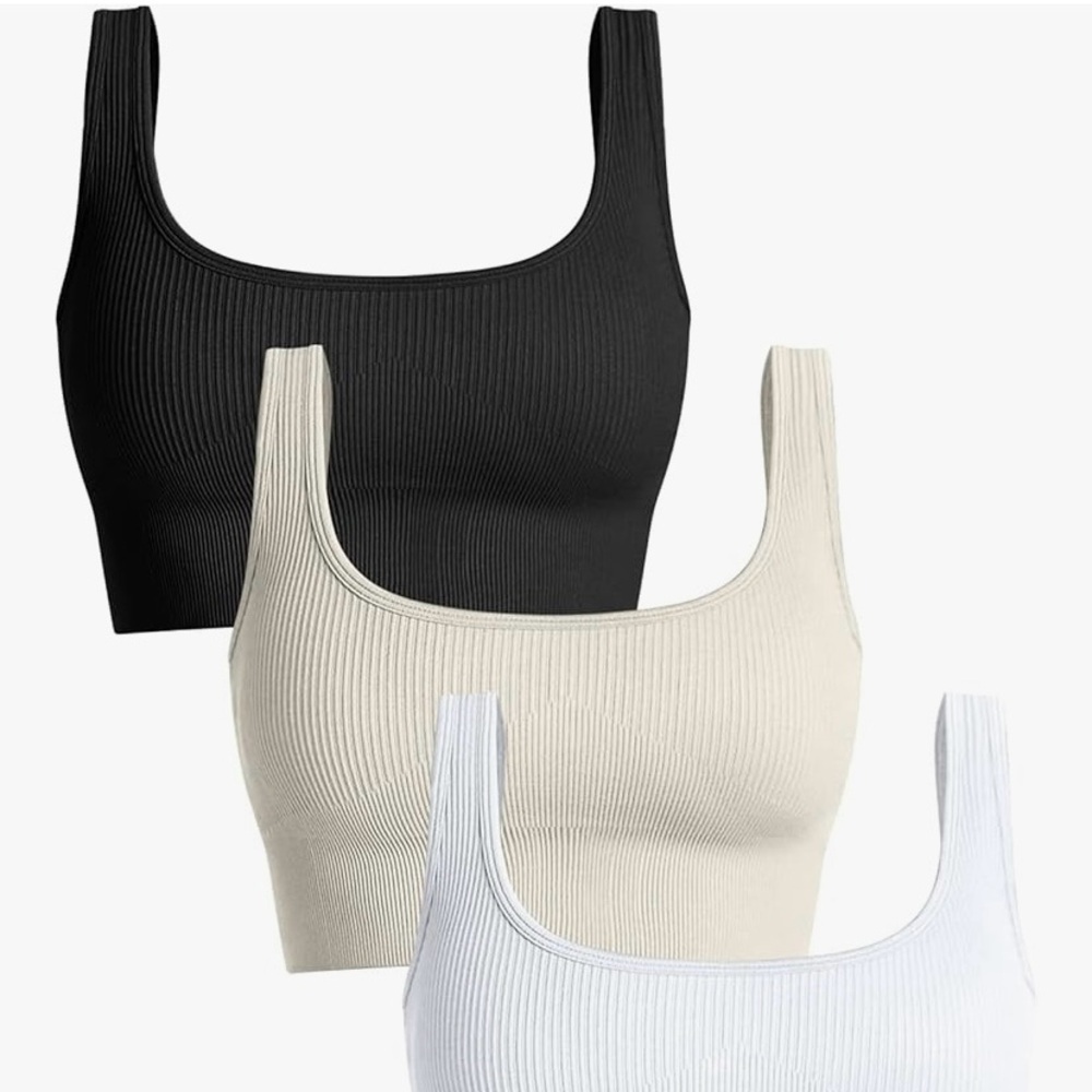 NWOT Black, White, and Cream Ribbed Crop Tops/Bra Set